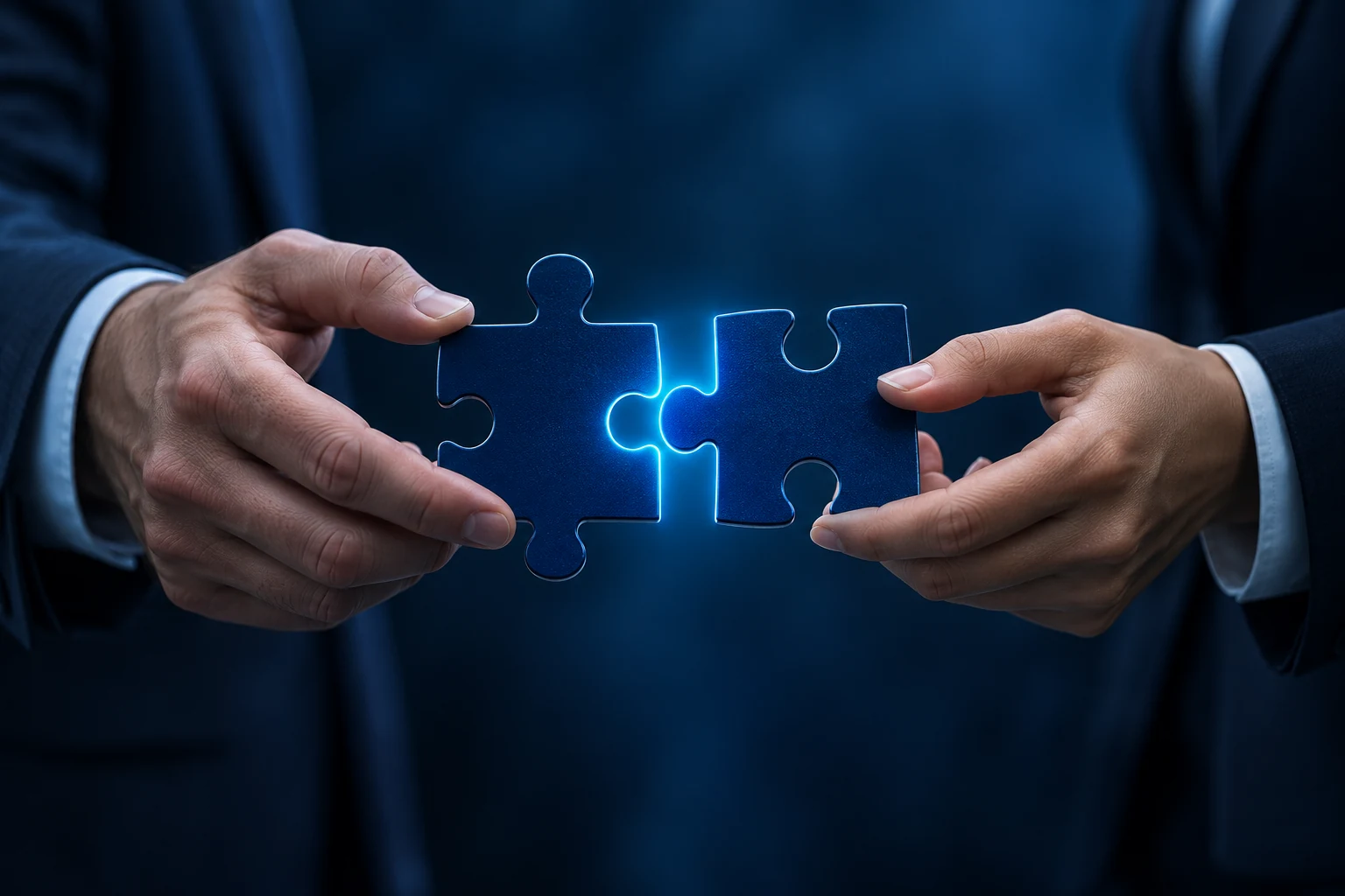 Two hands joining blue puzzle pieces — the right people for your team